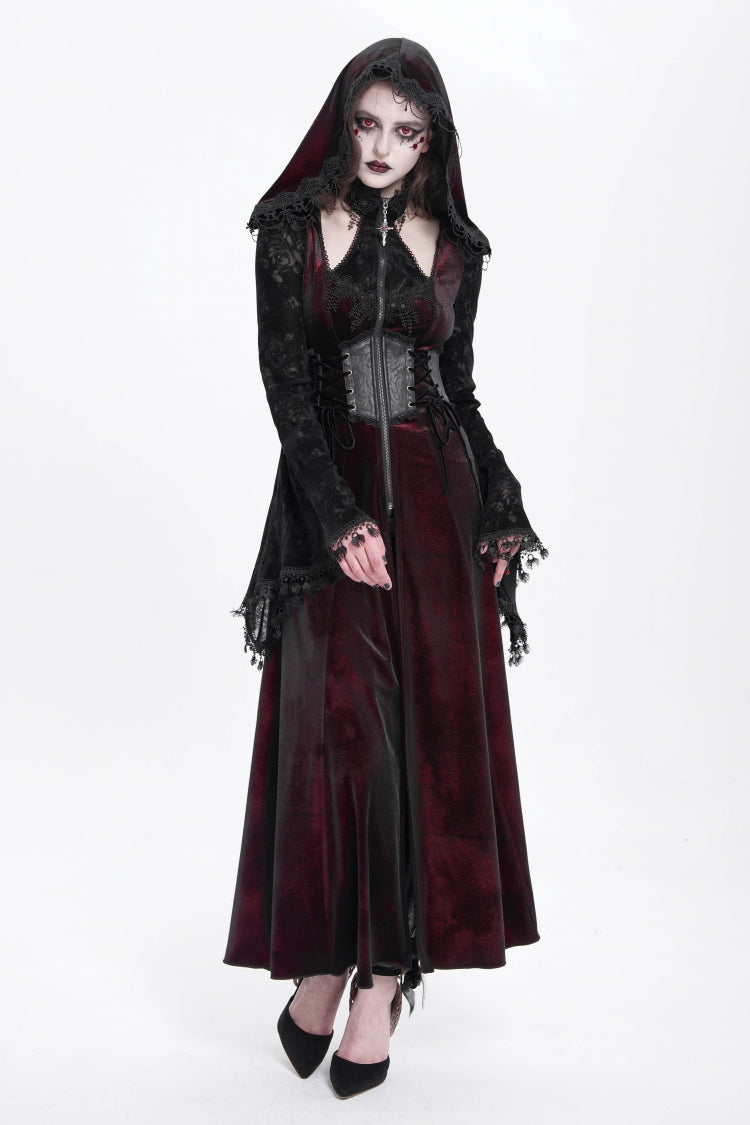 Red Long Sleeves Hollow Embroidery Hooded Ripped Women's Gothic Dress Coat