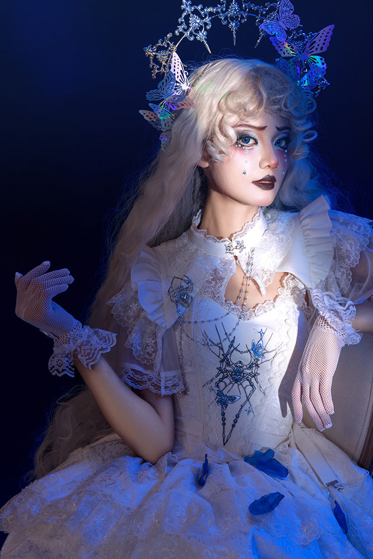 White Sleeveless Spider Embroidery Bowknot Lace Gothic Princess Lolita Skirt Two-piece Set
