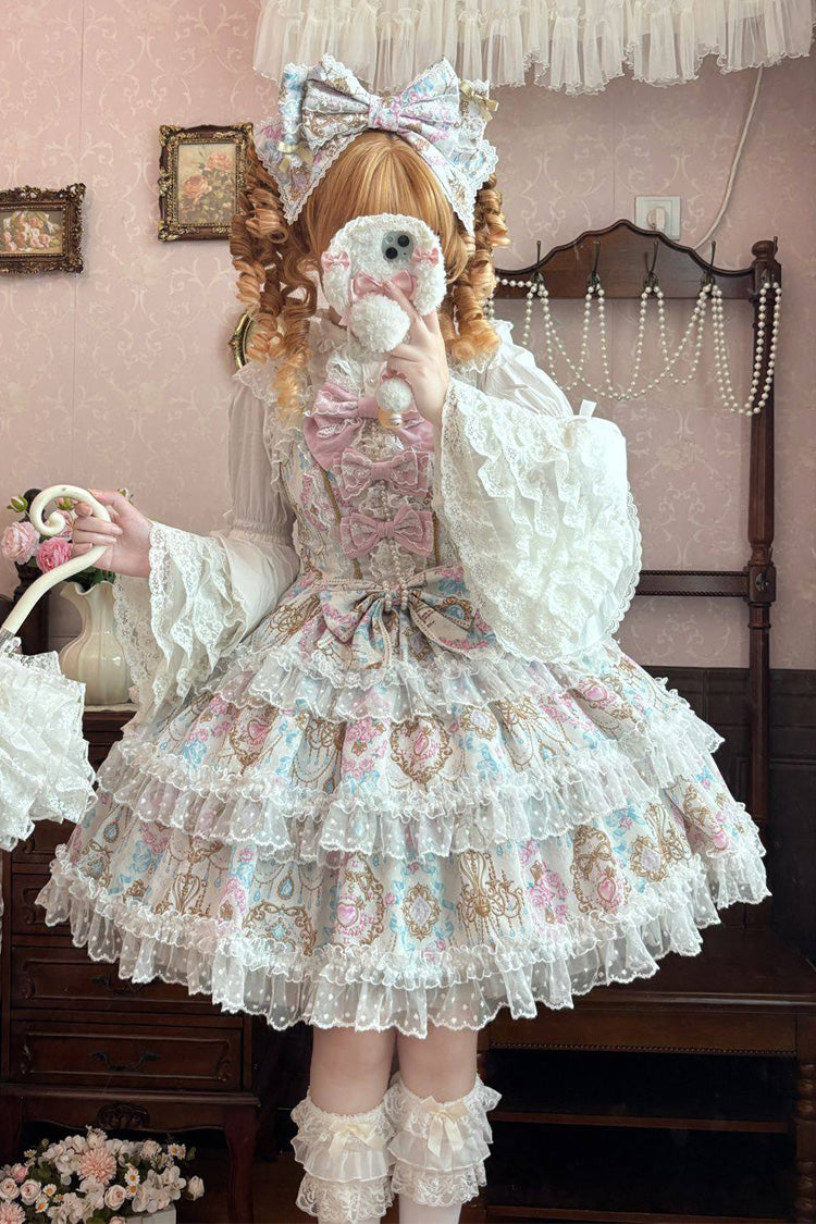 Apricot [Candelabrum Elegy] Sleeveless Triple-Layered Flower Wall Printed Ruffled Bow Lace Sweet Lolita Jsk Dress