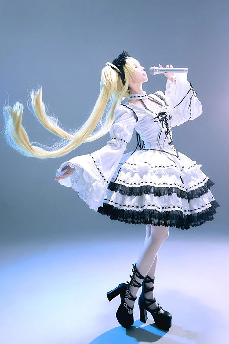 White [Witch] Long Trumpet Sleeves Double-Layered Ruffle Bowknot Lace-Up Gothic Lolita Skirt Dress Set
