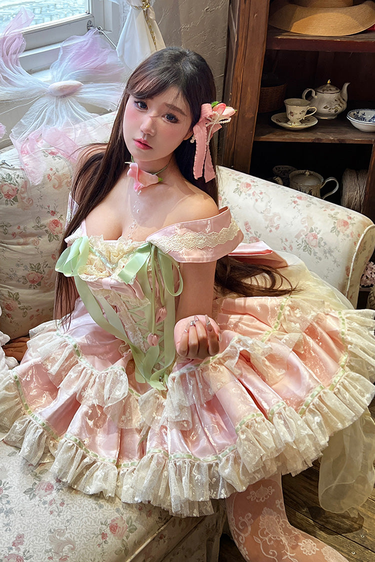 Robe Lolita Princesse Douce Romantique à Nœud Papillon en Dentelle à Lacets à Volants à Double Couche avec Encolure Bateau [Tulip Love Song] Rose 