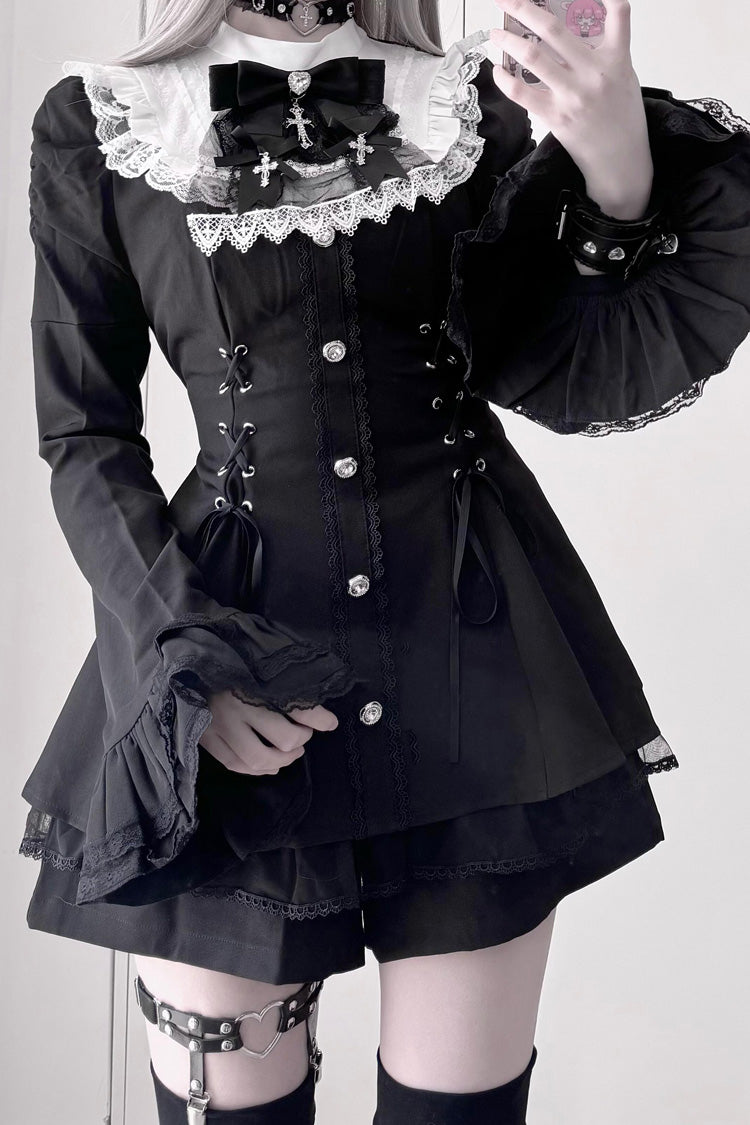 Black Long Trumpet Sleeves Ruffle Gothic Jirai Kei Japanese Dress Set 2 Colors