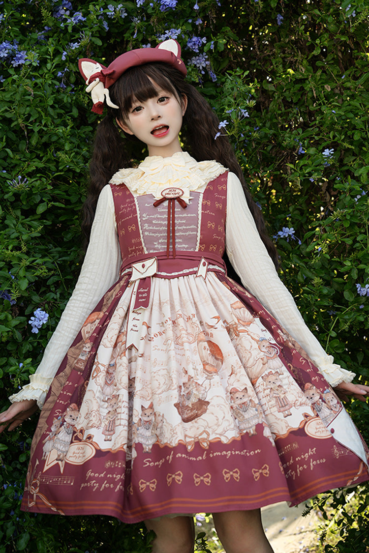 ワインレッド[フォックスバンド]プリントスクエアカラー蝶結びクラシックロリータジャンパードレス