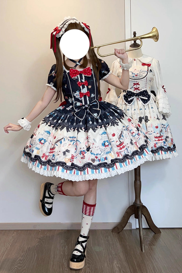 Black [Mystery Rabbit Tea Party] Square Collar Short Sleeves Print Ruffle Bowknot Lace Sweet Lolita Dress