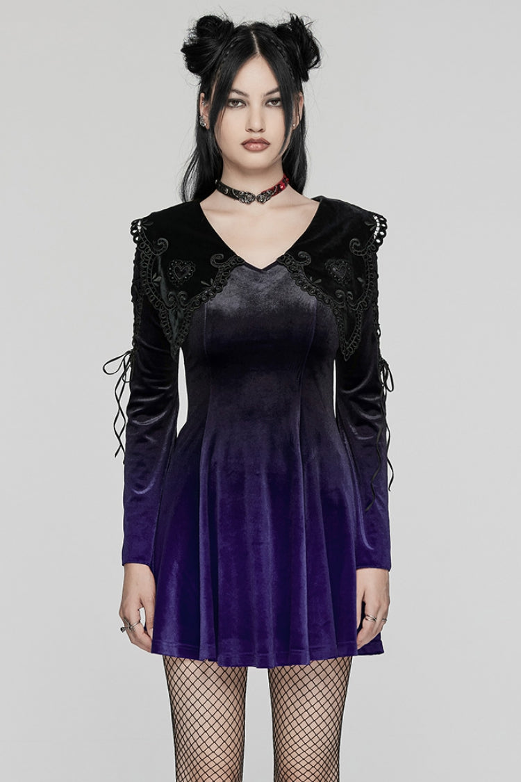 Black/Velvet Doll Collar Long Sleeves Gradient Embroidery Women's Gothic Prom Dress