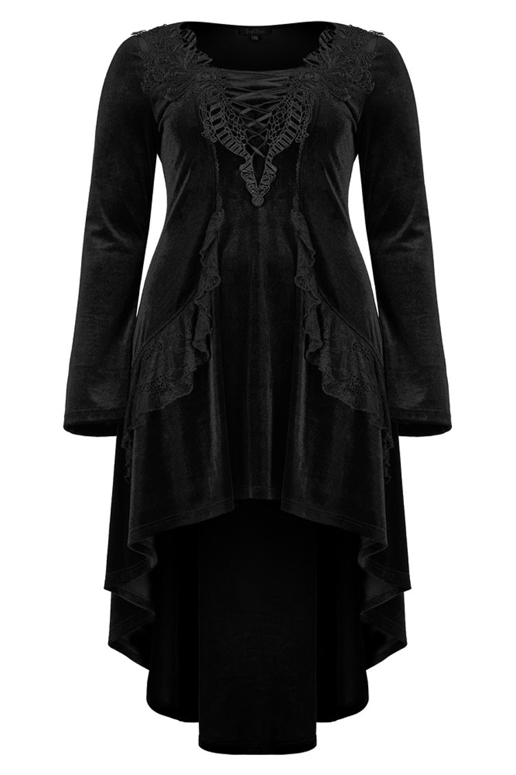 Black Gorgeous Velvet Fabric Embroidered Jacquard Neckline Irregular Hem Trumpet Sleeve Women's Gothic Dress