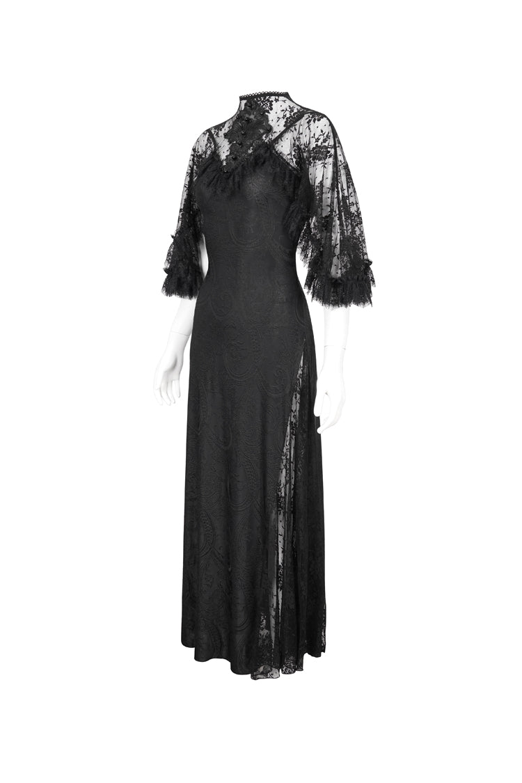 Black Stretch Printed Knit Panel Lace High Slit Asymmetric Women's Gothic Dress