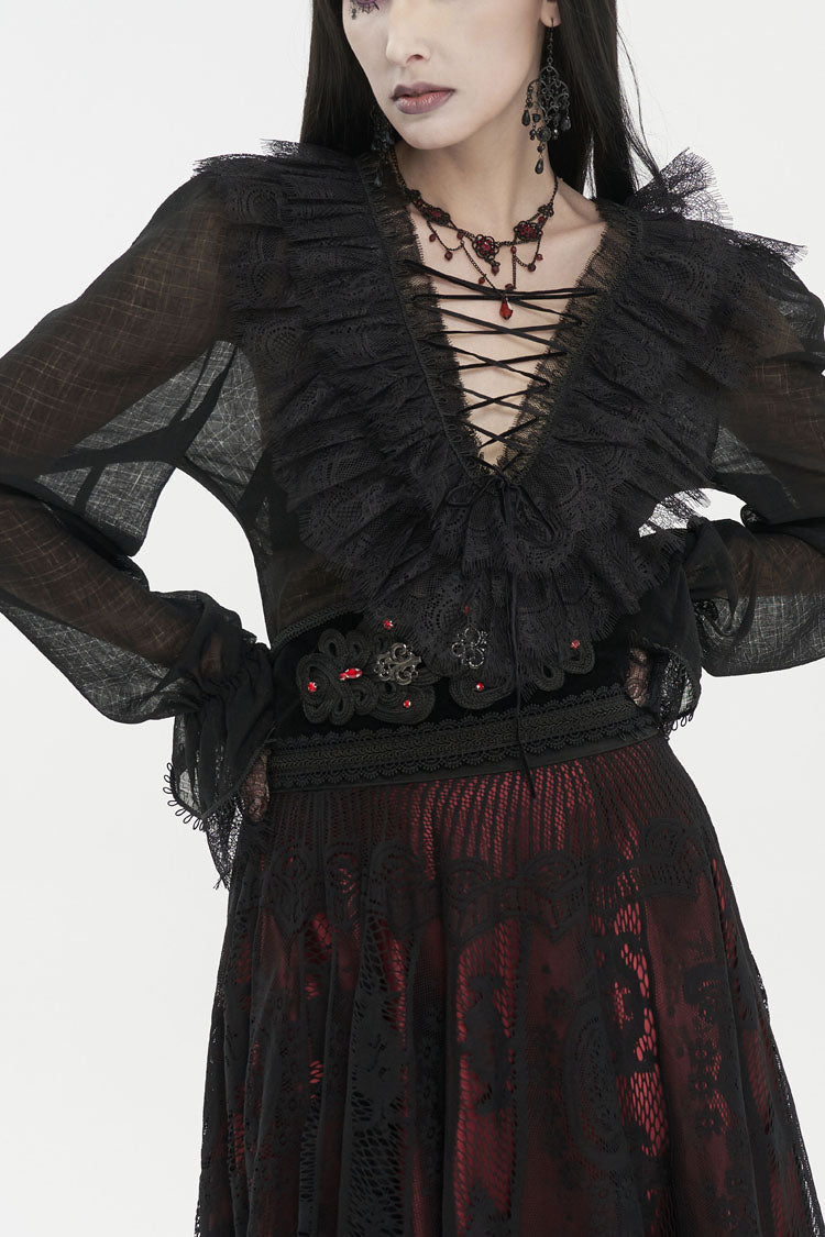 Black Thin Waist Plaid Stitching Layered Lace Long Sleeves Women's Gothic Shirt