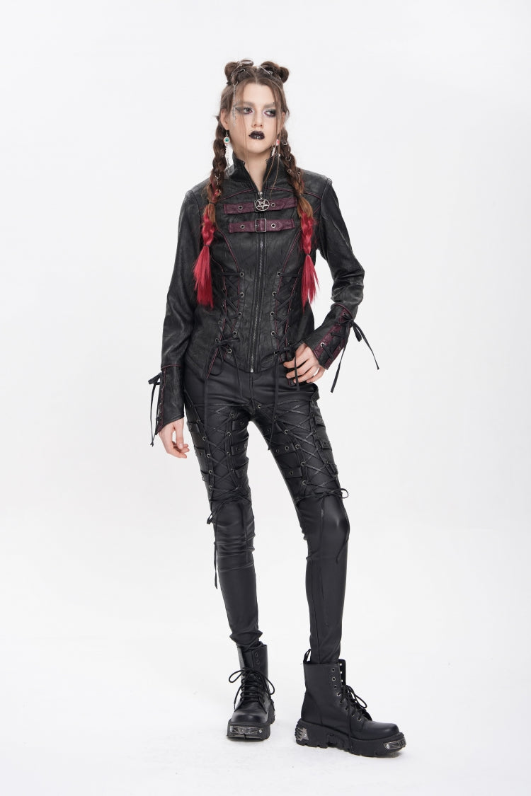 Black Pentacle Lace-Up Buckle Women's Punk Jacket