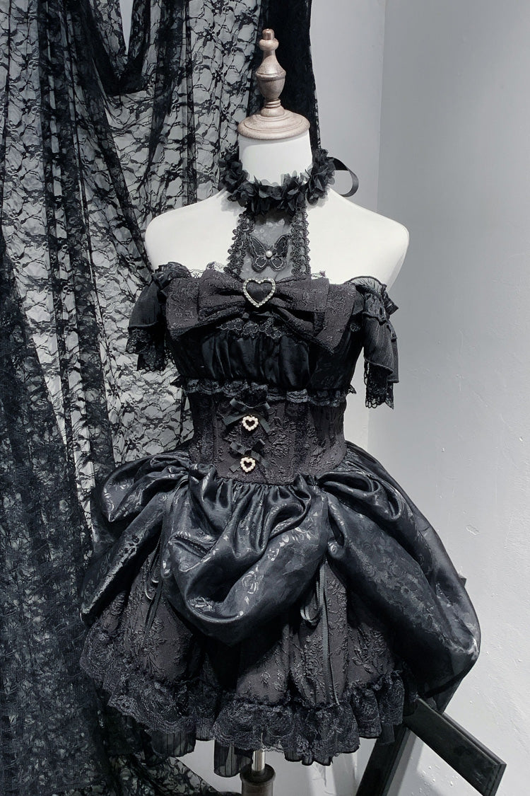 Black [Rose Dream] Halterneck Short Sleeves Print Ruffle Bowknot Lace Gothic Jirai Kei Dress