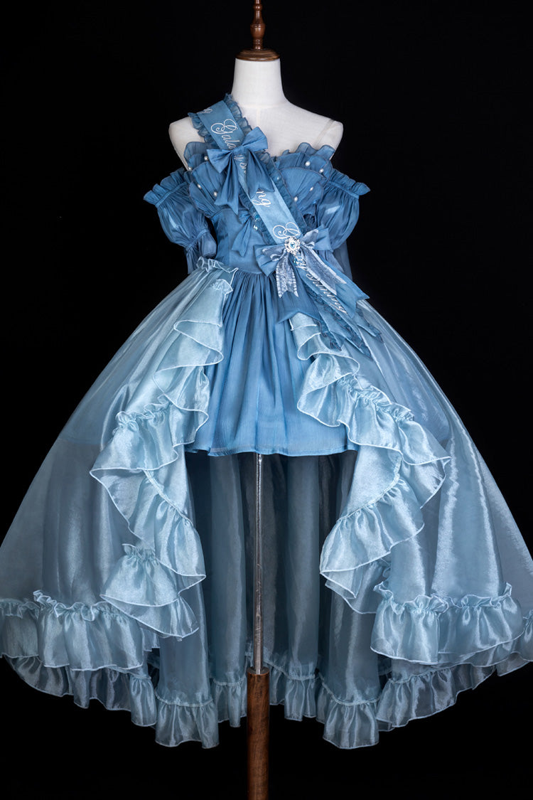 Bleu [Princesse Sirène] Volant Hanayome Nœud Papillon Doux Élégant Lolita Jsk Ensemble de Robe 