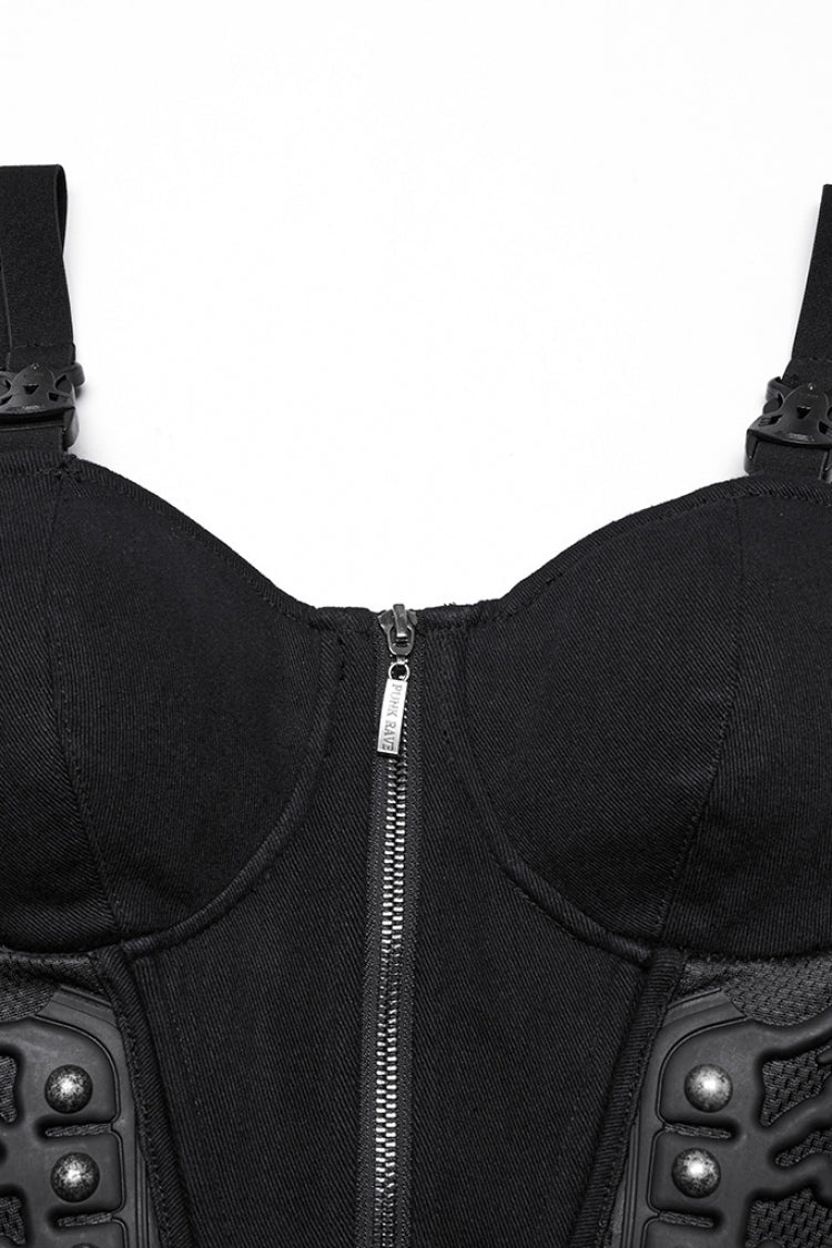 Black Sleeveless Lace-Up Rivet Buckle Women's Punk Vest