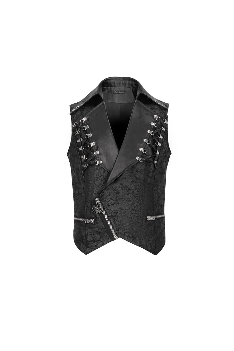 Black Lapel Fitted Atomized Crack Front Chest Crossover Rope Men's Punk Vest