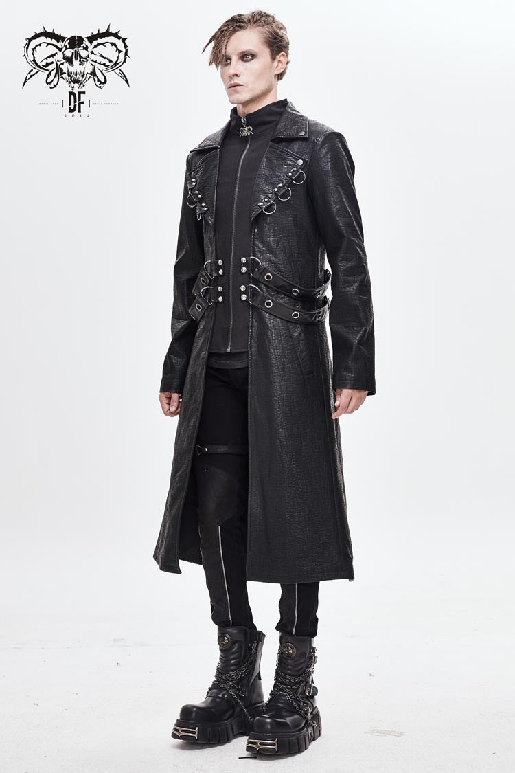 Black Stand Up Collar Waist Leather Hasp Leather Long Men's Punk Coat