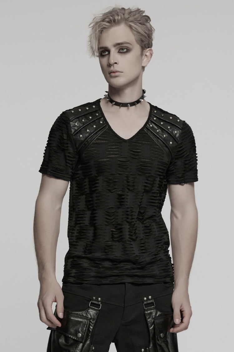 Black Short Sleeves Jacquard Faux Leather Stitching Ripped Rivet Men's Punk T-Shirt