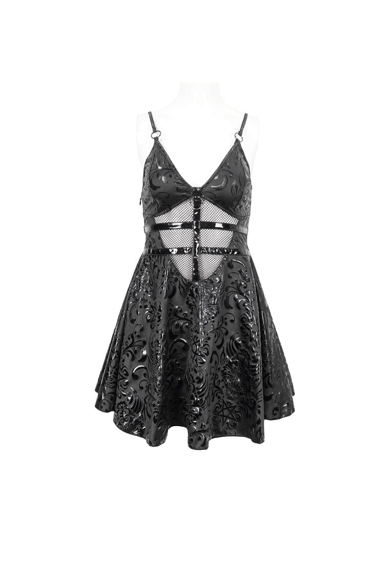 Black Pentagram Embossed Panel Mesh Rope Cutout Women's Gothic Dress