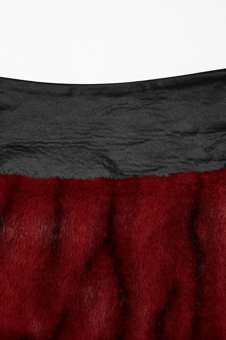 Jupe punk pour femme en fausse fourrure noire/rouge avec coutures en faux cuir et lacets 