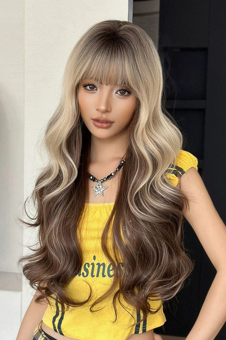 Gold‑Brown Balayage Ombre Y2K Asian Girl Vibe Seamless Sweet Lolita Long Curly Wig