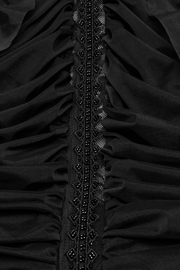 Black Short Sleeves Ruffle Stitching Lace Women's Gothic Layered Ball Gown Dress