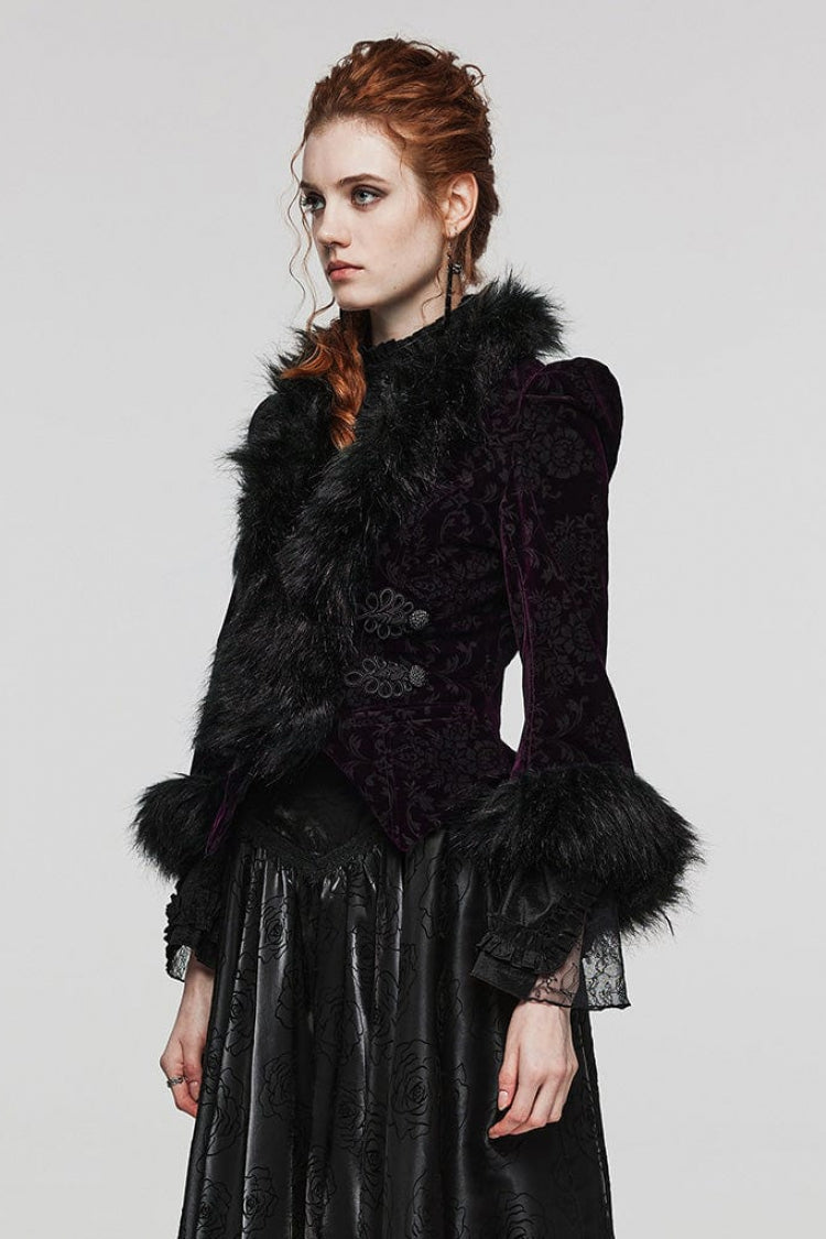 Women's V Collar Long Sleeves Faux Fur Stitching Gothic Coat 4 Colors