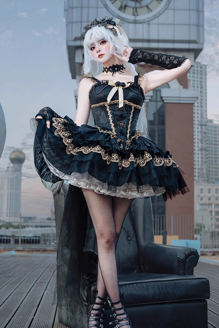 Black [Fleeting Light and Shallow Dream] Sleeveless Multi-Layered Ruffle Bowknot Lace Slim Gothic Ballet Lolita Jsk Dress