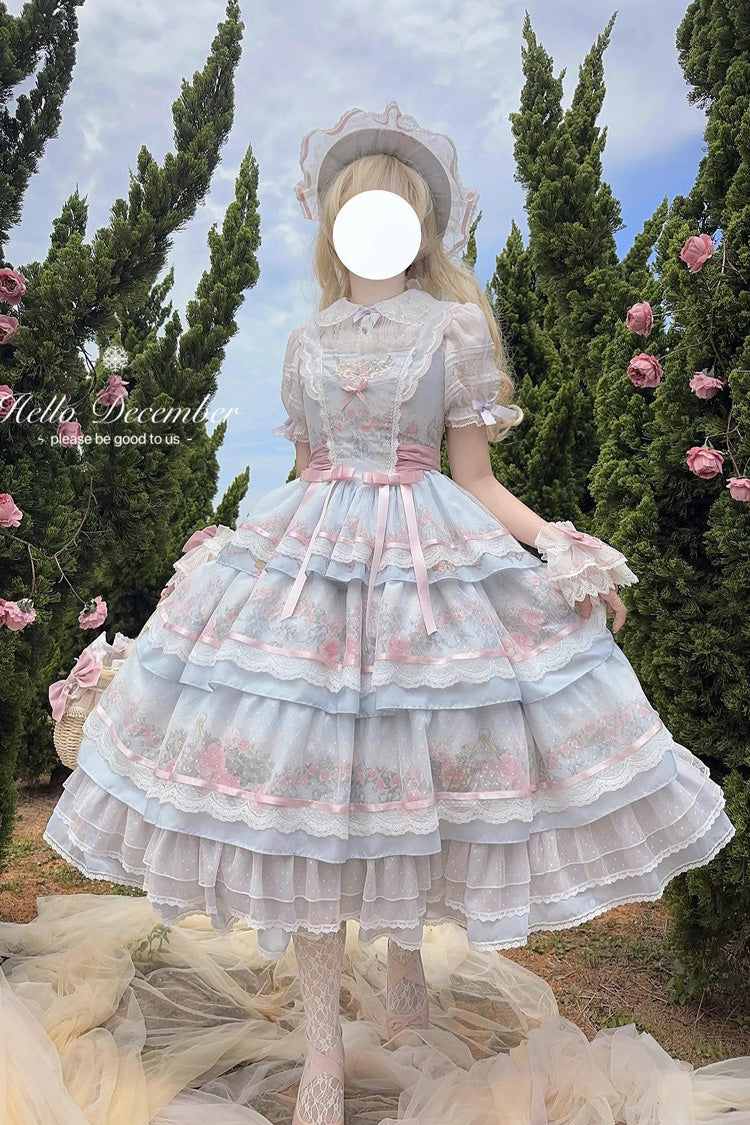 Multi-Color [Rose Flower Cage] Print Triple-Layered Ruffle Bowknot Sweet Elegant Lolita Jsk Dress
