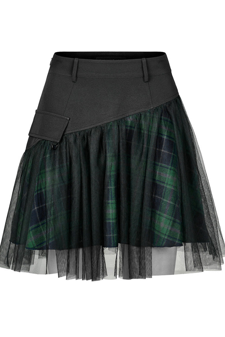 Green Cotton Splicing Mesh Plaid Personalized Pocket Decoration Waist Punk Women's Short Skirt
