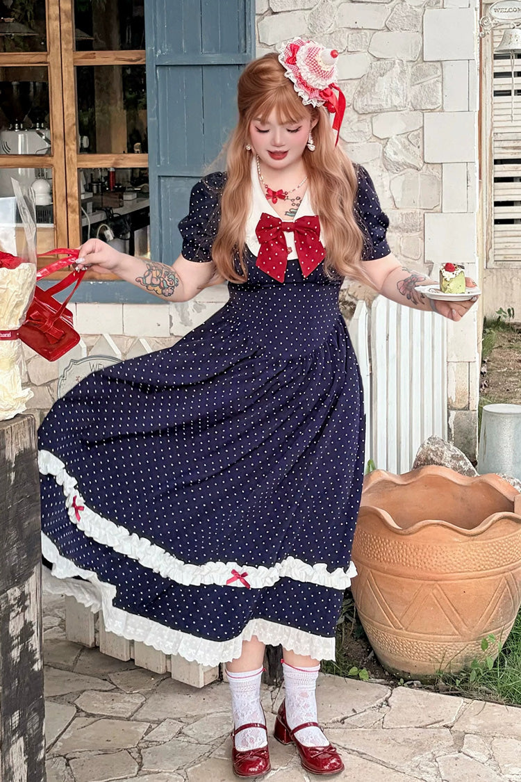 Blue V Collar Short Sleeves Polka Dot Printed Ruffled Bow Lace Classic Plus Size Preppy Style Lolita Dress