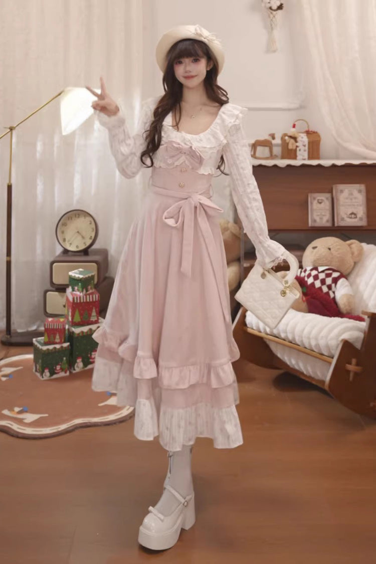 Pink [Sakura Milk Cake] Long Sleeves Double-Layered Bow Lace Sweet Princess Lolita Dress