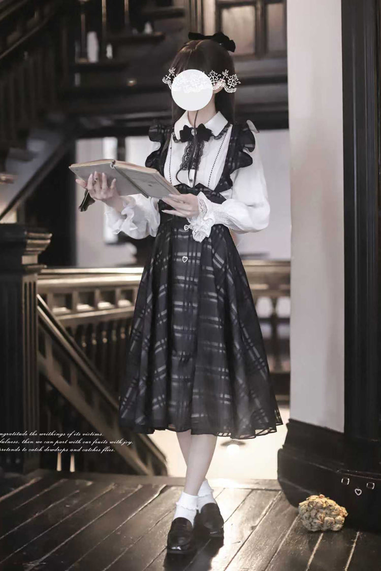 Black Plaid Print Classic College Style Elegant Lolita Strap Dress