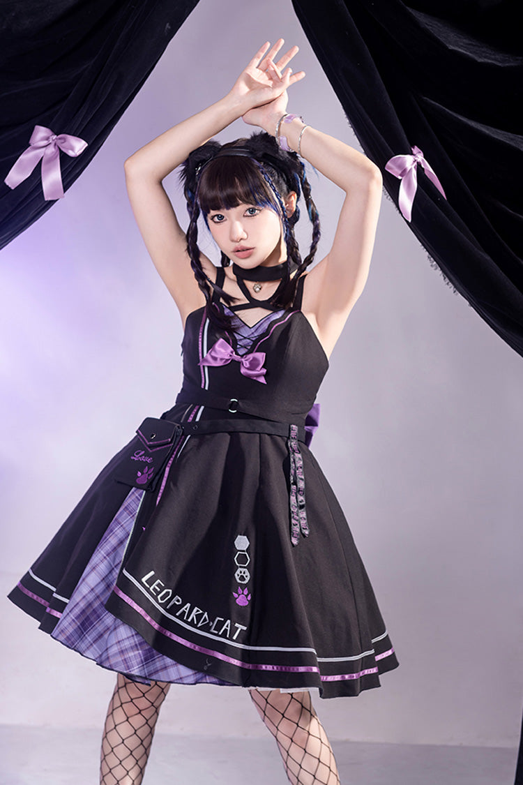 Black/Purple Cat Paw Print Bowknot Gothic Lolita Jsk Dress Set