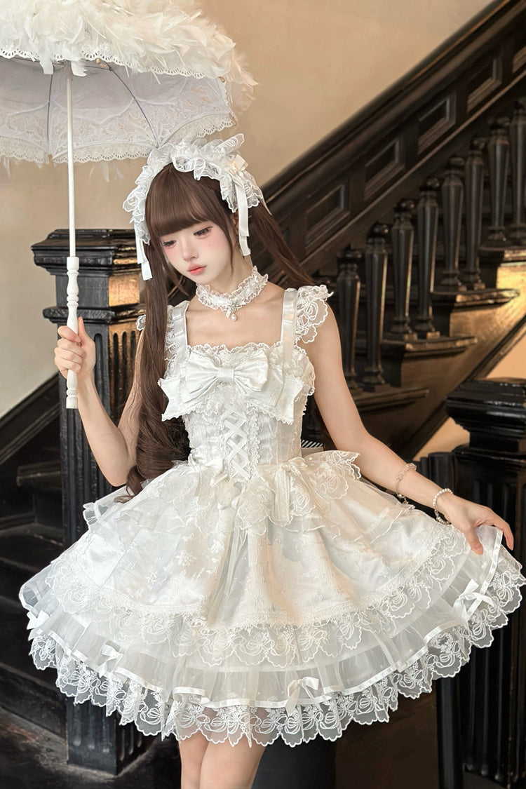 Robe Jsk Lolita Ballet Douce Slim en Dentelle à Volants sans Manches avec Nœud Papillon Blanche [Fleishi Island] 