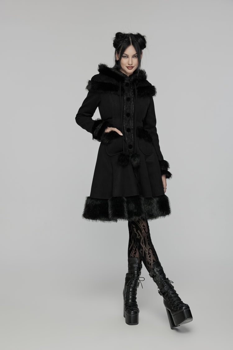 Schwarzer luxuriöser Gothic-Mantel mit langen Ärmeln, Schleife, Patchwork-Spitze und Kapuze für Damen