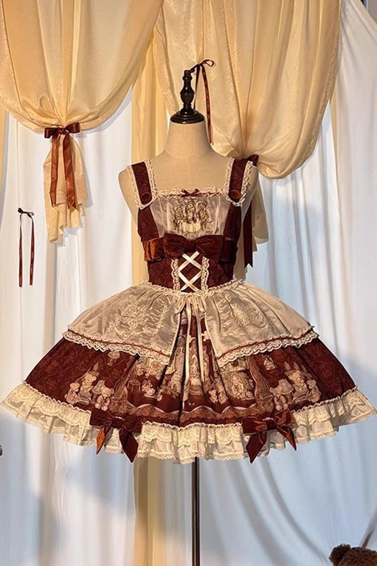 [Castle Bear] Sleeveless Print Ruffle Bowknot Lace Sweet Lolita Jsk Dress 4 Colors