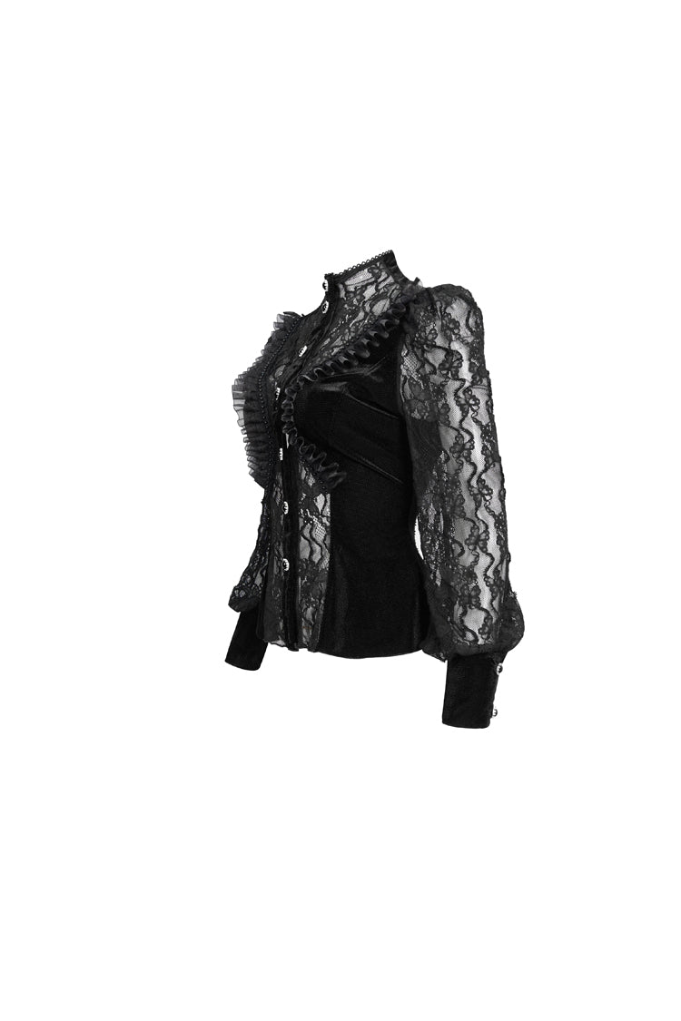 Schwarzer Samt-Hochhals-Spitzen-Fake-BH-Design, das dreidimensionales Schmetterlingsnetz-Gothic-Shirt für Damen spleißt