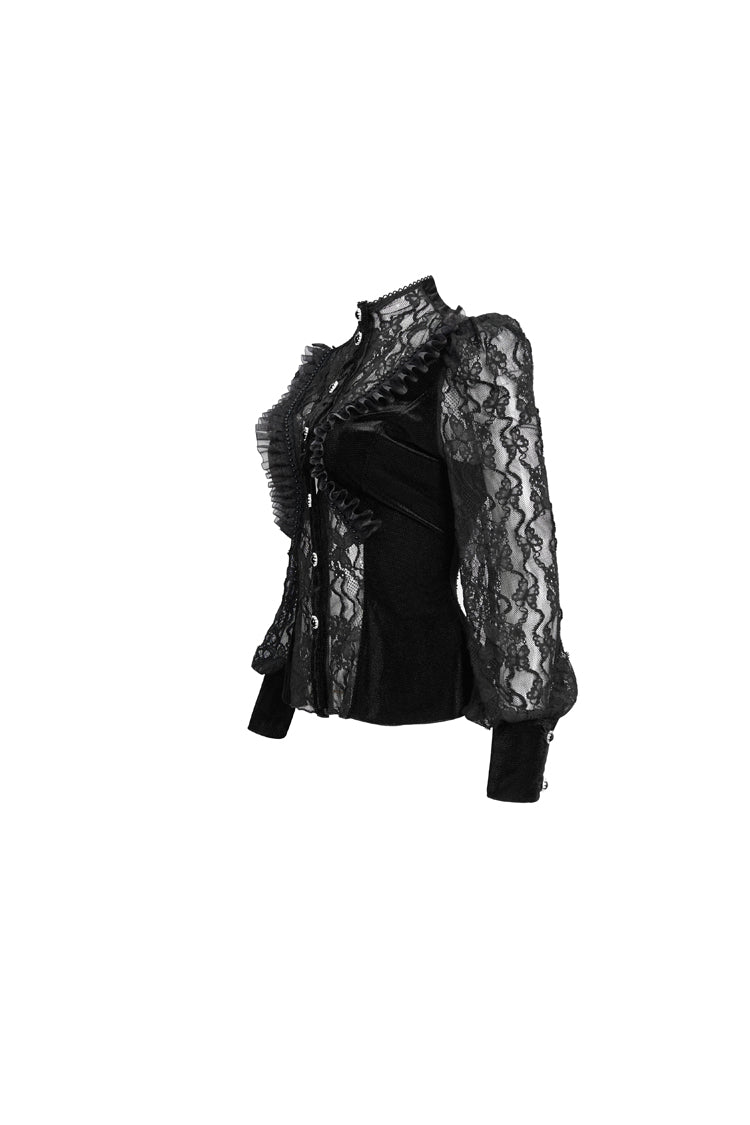 黒ベルベットハイネックレースフェイクブラジャーデザインスプライシング三次元バタフライメッシュ女性のゴシックシャツ