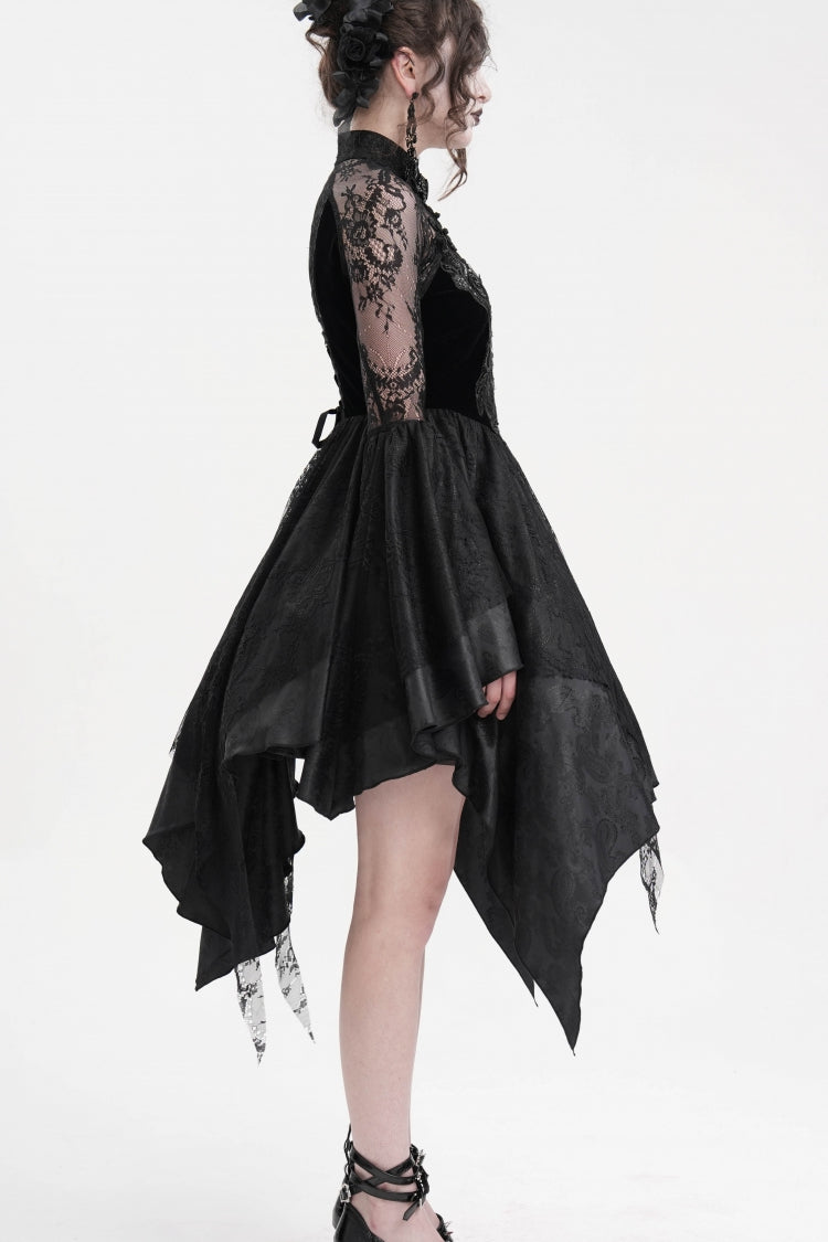 Schwarzes Gothic-Kleid mit langen Ärmeln, Stickerei, Spitze, Schnürung, unregelmäßigem transparentem Netzstoff für Damen