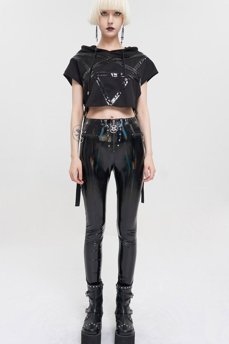 Black Short Front Long Back Stitched Shiny Leather Inverted Pentagram Shape Hoodie Short Sleeve Women's Punk T-Shirt