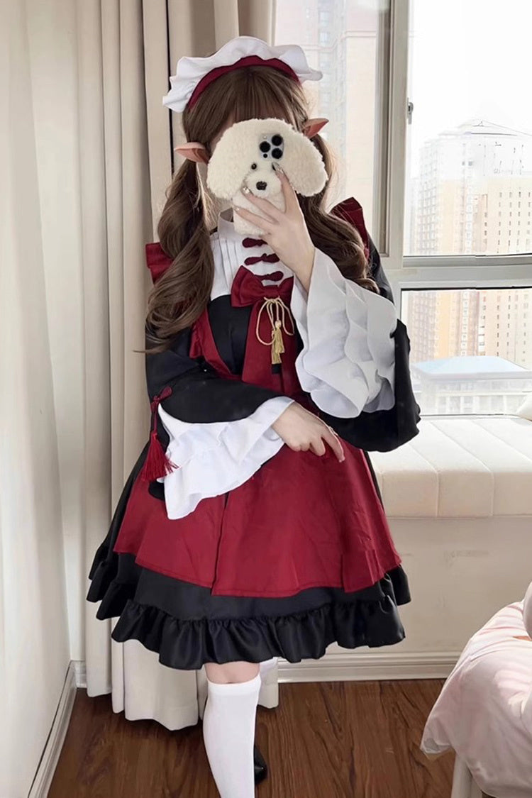 黒/赤のメイドロングトランペットスリーブフリル蝶結びクラシックプラスサイズ中国風ロリータドレスフルセット