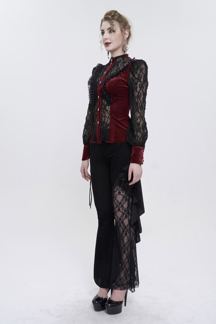 Roter Samt-Hochhals-Spitzen-Fake-BH-Design, das dreidimensionales Schmetterlingsnetz-Gothic-Shirt für Damen spleißt