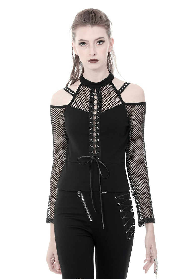 Haut punk noir à épaules dénudées et manches longues à lacets en maille pour femmes