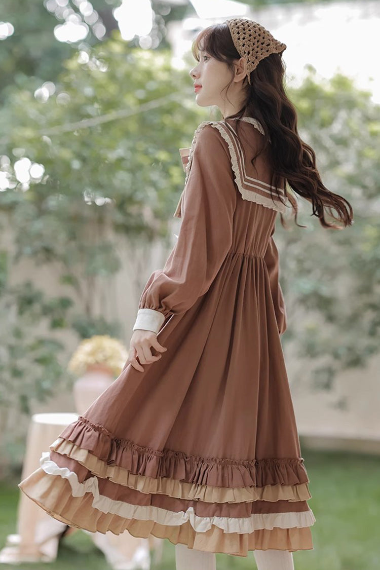 Brown Long Sleeves Multi-layer Ruffle Two Fake Pieces Sweet Lolita Dress