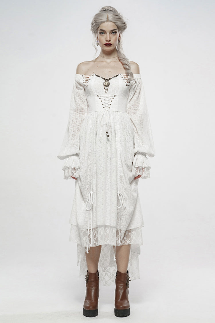 White Off Shoulder Long Puff Sleeves Ruffle Mesh Women's Gothic Dress
