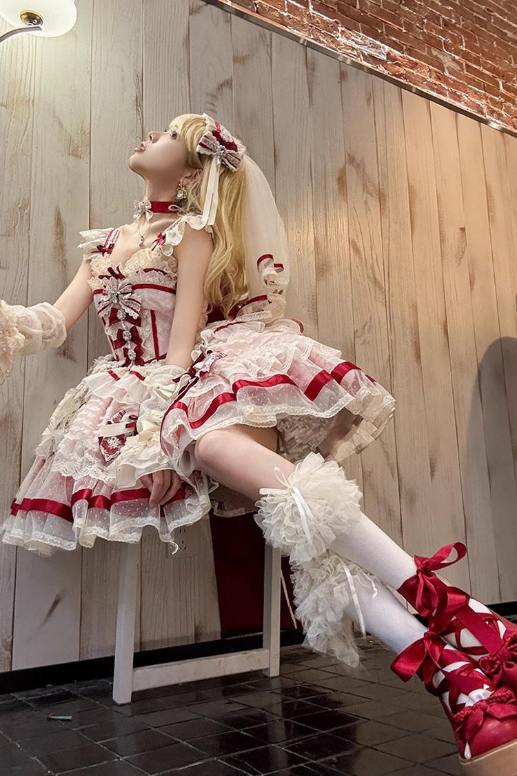Pink [Moonstone] Sleeveless Ruffle Embroidery Bowknot Lace Fishbone Sweet Princess Lolita Dress