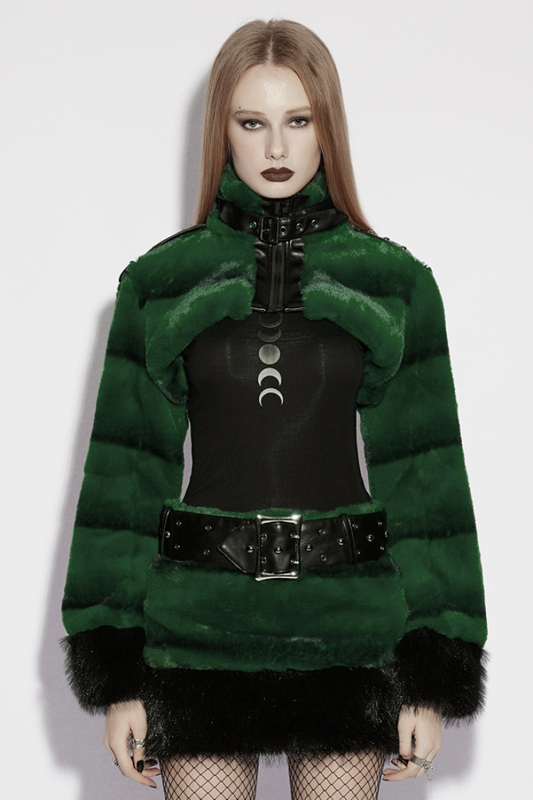 Green Stand Collar Long Sleeves Buckle Straps Faux Fur Women's Punk Short Cloak