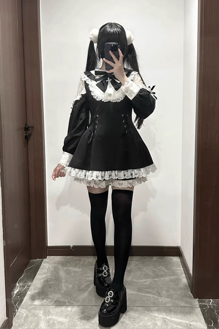 Black/White [Divine love] Long Sleeves Hollow Bowknot Lace Lace-Up Sweet Jirai Kei Dress Shorts Set