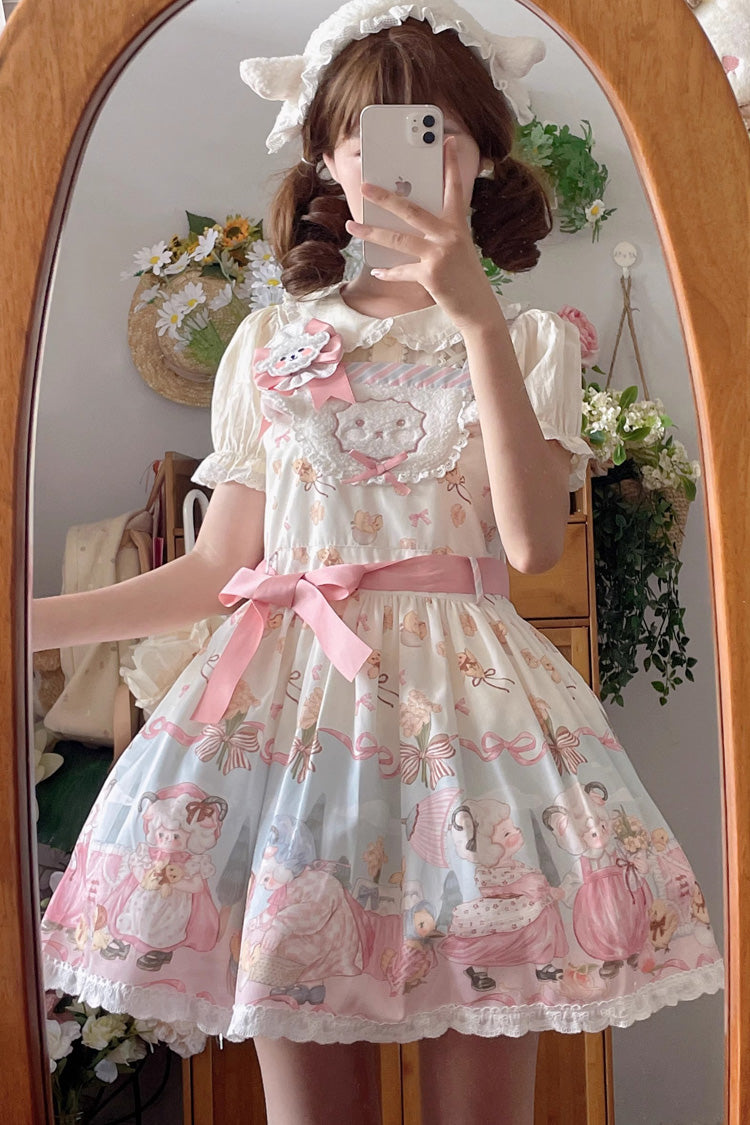 Blue/Pink Sheep Waltz Print Ruffle Bowknot Lace Sweet Lolita Strap Dress