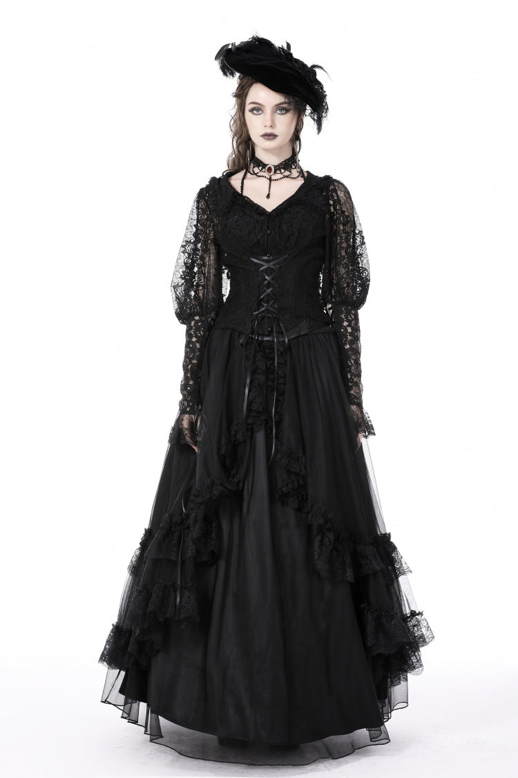 Gothic Victorian Multi-Layered Ruffled Lace Lace-Up Maxi Skirt