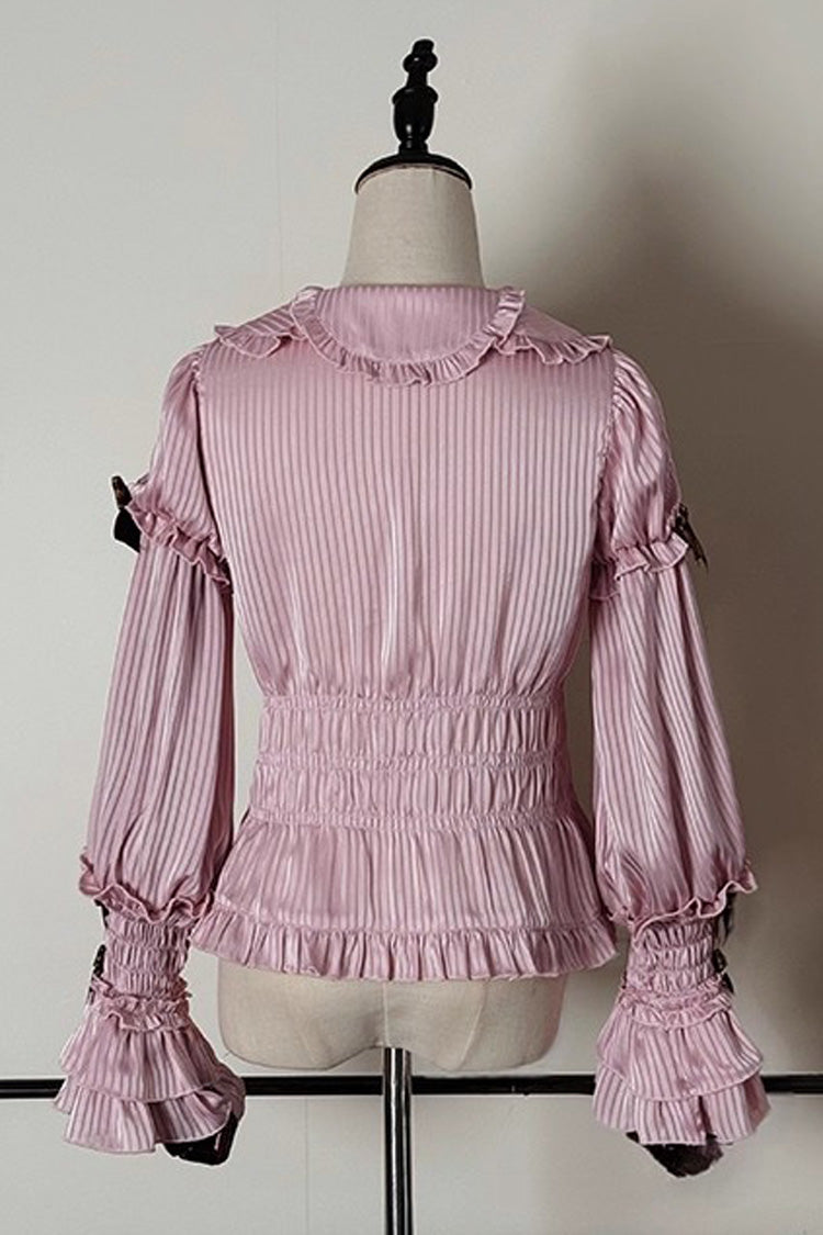 [Teddy Bear Chocolate] Round Collar Long Trumpet Sleeves Ruffle Bowknot Sweet Lolita Blouse 3 Colors