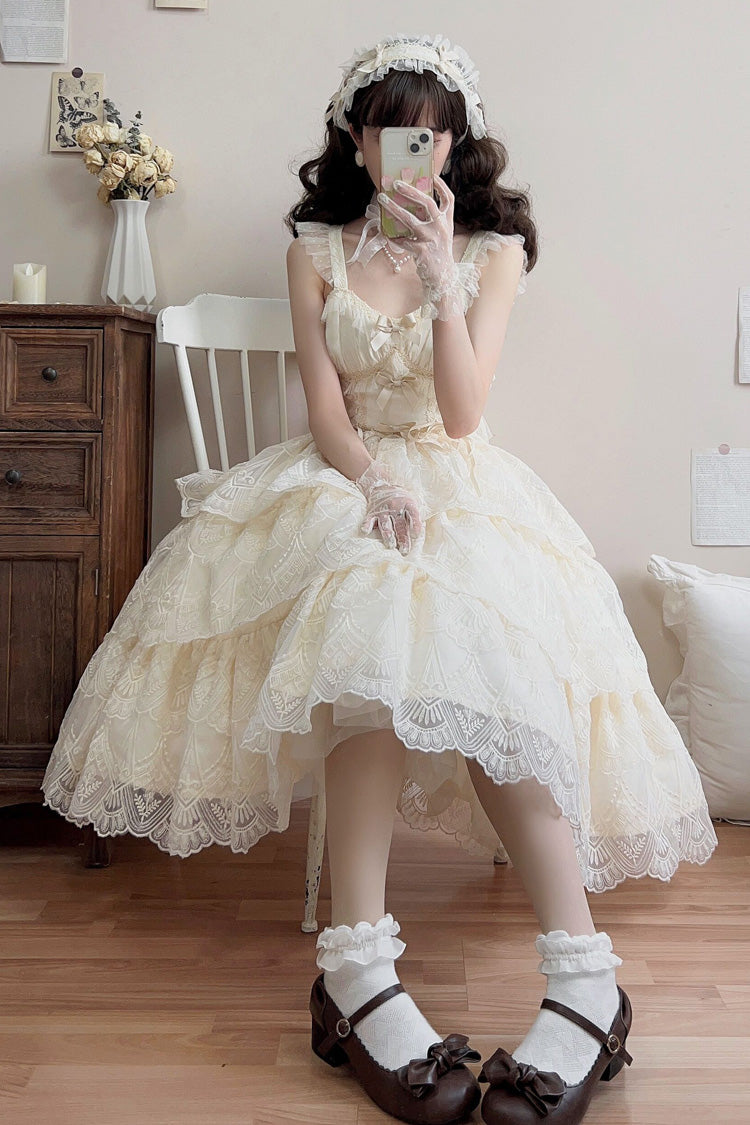 Ivory [Tidal] Triple-Layered Ruffle Bowknot Sweet Lolita Skirt 2 Versions
